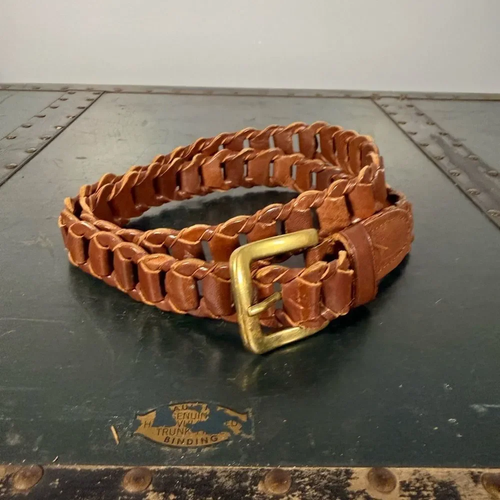 Vintage Brown Leather Woven Belt Solid Brass Buckle Unisex Size S/M